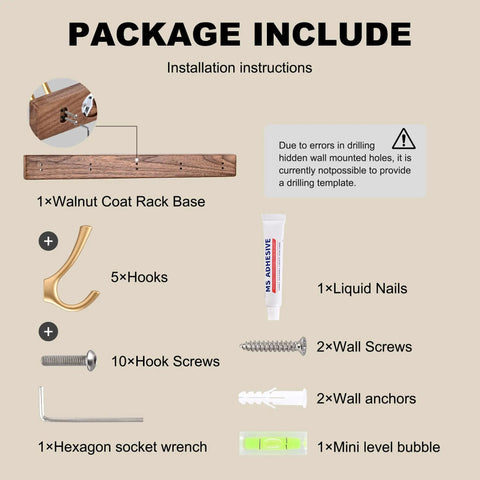 Package contents for 17.3 Inch Walnut Wood Coat Rack Wall Mount With Five Hooks including tools and hardware