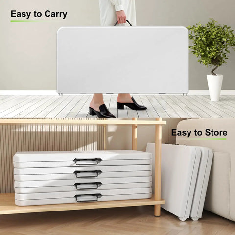 Person carrying a 34 Inch Square Folding Table With Carrying Handle, Go To Portable Card Table Fold In Half, white case.