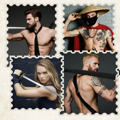 Collage of individuals holding swords in various poses; not related to Katana Sword Bag With Strap Black Carry Case For Samurai Swords