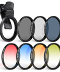 52mm ND CPL Starburst Filter Set With Phone Lens Clamp For iPhone And Canon Nikon Sony Cameras Includes Four Graduated Color Filters In Red Orange Yellow Blue Plus Polarizer And Starburst Effect.
