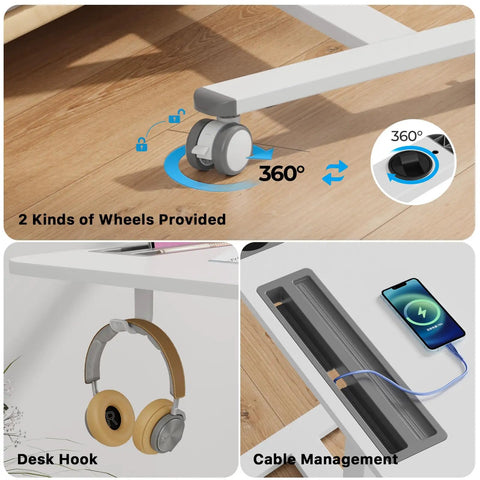 Details of mobile standing desk on wheels with drawer, showing wheel types, desk hook, and cable management.