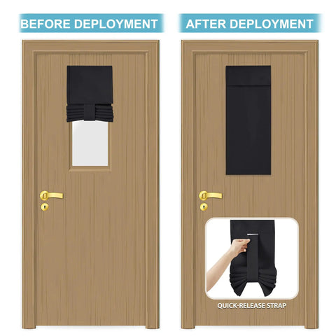 No Drill Classroom Blackout Window Shade For Doors And Windows Stick On Lockdown Shade With Strong Adhesive Straps Quick One Minute Install Blocks Light And Views W8 By L36 1 Panel Black installed on door before and after deployment