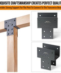 4 Pack Heavy Duty Stainless Steel Post Caps Tie Bracket Fits 4x4 Actual 3.5x3.5 Wood Posts for Connecting Gazebos Decks and Beams Dark Gray Weatherproof Rust Resistant Exterior Hardware, shown from front and side views with wooden beams.