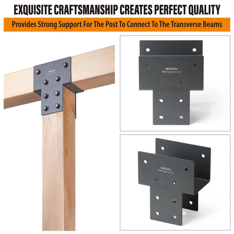 4 Pack Heavy Duty Stainless Steel Post Caps Tie Bracket Fits 4x4 Actual 3.5x3.5 Wood Posts for Connecting Gazebos Decks and Beams Dark Gray Weatherproof Rust Resistant Exterior Hardware, shown from front and side views with wooden beams.