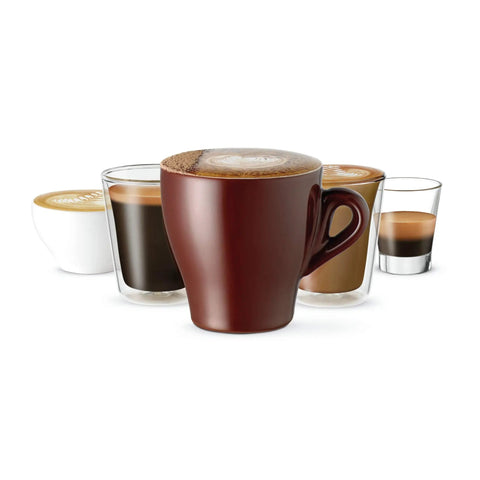 Heavy Duty Fully Automatic Espresso Machine With Slick Touchscreen Interface And Pro Grade Dual Boiler Rig For Killer Specialty Coffee At Home Featuring Precise Thermal Regulation And Smooth Simultaneous Brewing, various coffee cups filled with espresso.