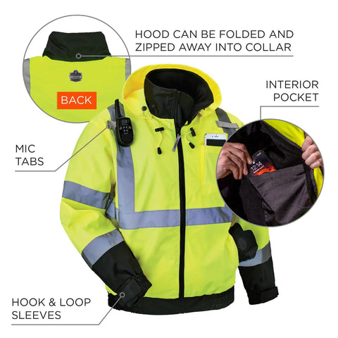 Hi Vis 3 In 1 Winter Bomber Jacket Unisex Lime Waterproof Windproof Layered Coat With Fleece Liner Removable Shell Perfect For Outdoor Workwear XX Large, featuring mic tabs, interior pocket, and foldable hood.