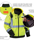 3 In 1 Hi Vis Winter Bomber Jacket With Fleece Liner In Lime, Weatherproof Shell For Cold Weather, Wind And Water Resistant Layering