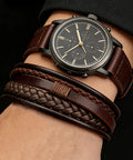 Fresh Brown Braided Leather Bracelet For Men And Women Unisex Premium PU Leather Wristband Jewelry with watch on wrist.