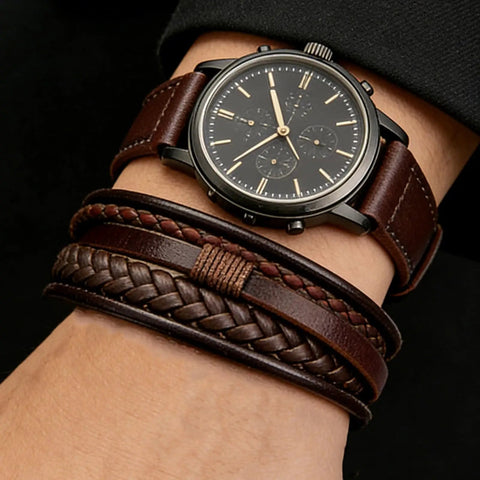 Fresh Brown Braided Leather Bracelet For Men And Women Unisex Premium PU Leather Wristband Jewelry with watch on wrist.