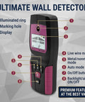 Wall Scanner Stud Finder 4 Modes Detector LCD Display with illuminated ring, marking hole, and user interface detailed features.