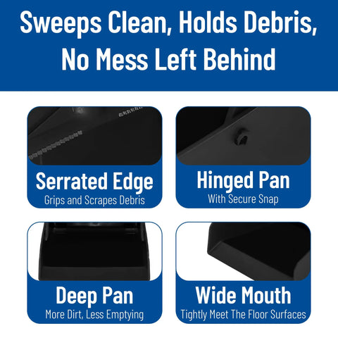 Heavy Duty Upright Dustpan With 30 Inch Aluminum Handle Locking Yoke Serrated Broom Lip Stand Up Commercial Floor Sweeper details.