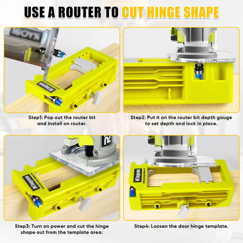 All In One Door Hinge Mortiser And Router Template Kit For 3 To 5 Inch Hinges With One Quarter Or Five Eighths Inch Thickness, Easy To Use Hinge Installation Jig For Square And Round Corner Doors, Produces Clean Mortises, Quick Setup, And Pro Level Fit, demonstrating use on wooden door