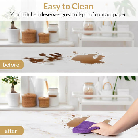 Before and after cleaning with Marble Contact Paper Peel And Stick Countertop Wallpaper 23.6 X 78.7 Inches Waterproof Self Adhesive.