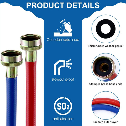 Heavy Duty 4Ft Washer Hoses Dual Color Burst Proof Water Supply Lines 3 Quarter Inch Fittings For Hot And Cold Laundry Washers 2 Pack With Leakproof Washers And Easy Install red and blue brass ends