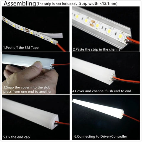 Step-by-step assembly guide for Six Pack 16 Inch V Shape LED Strip Black Channel with Anti UV Diffuser installation.