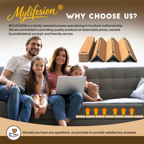 Family sitting on a couch with Heavy Duty Couch Cushion Support Board, engineered wood panel for sagging sofa seats, 21.7x70 size.