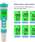 Five In One Digital Pool Salt Tester With Salinity PH TDS EC And Temperature Readout, close-up of green LCD screen