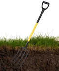 Heavy Duty Garden Fork With Four Tines And Y Grip For Digging And Loosening Soil 46 Inch Long Spading Fork against soil.