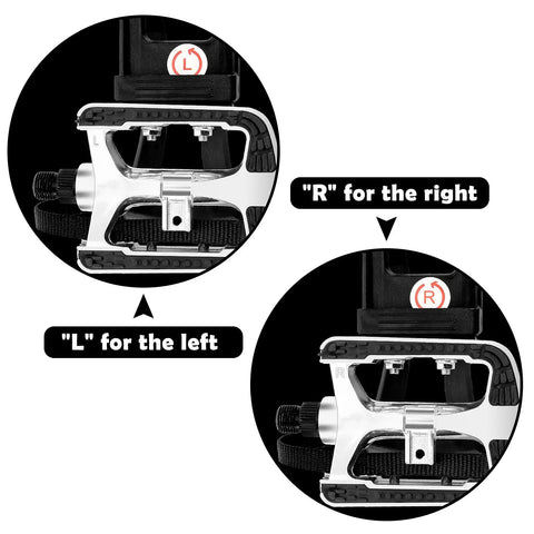 Heavy Duty Bike Pedals With Toe Cages And Straps Nine Sixteenth Inch Spindle For Outdoor Cycling And Indoor Spin Bikes Aluminum Alloy Replacement Pedals For Multi Purpose Use, showing left and right labels