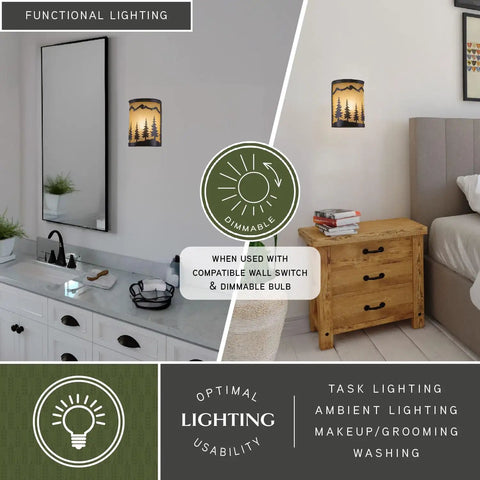 Rustic Tree Sconce Wall Light With Amber Flake Glass in bathroom and bedroom settings, dimmable with burnished bronze finish