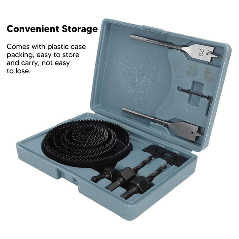 Jiawu 18Pc Multifunctional Carbon Steel Hole Saw Kit For Fast Accurate Cuts In Plasterboard Drywall With Convenient Storage Case And Durable Blades For Heavy Duty Use, open case with 20mm saw