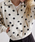 Polka Dot Half Zip Sweatshirt For Women, Oversized Fleece Pullover With Pockets, visible kangaroo pocket, white with black polka dots.