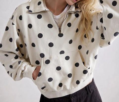 Polka Dot Half Zip Sweatshirt For Women, Oversized Fleece Pullover With Pockets, visible kangaroo pocket, white with black polka dots.