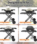 Foldable Grill Cart Stand for Weber Q Series Q1000 Q1200 Q1400 Q2000 Q2200 with gas shelf, black steel construction, foldable design