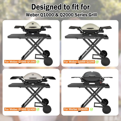 Foldable Grill Cart Stand for Weber Q Series Q1000 Q1200 Q1400 Q2000 Q2200 with gas shelf, black steel construction, foldable design