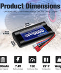 Dimensions and features of 2S 7.4V 2000mAh Li Ion RC Battery with Dean Style T Plug for WLtoys 4WD RC cars, includes USB charger.