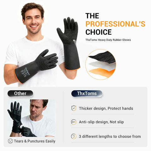 Top Shelf Heavy Duty Rubber Work Gloves With Super Grippy Anti Slip Palms And Hella Thick Durable Natural Latex Hand Armor wearing by a man.