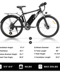 Diagram of Beast 1000W Peak Electric Mountain Bike for Adults, showcasing dimensions and features like removable 48V 13Ah battery.
