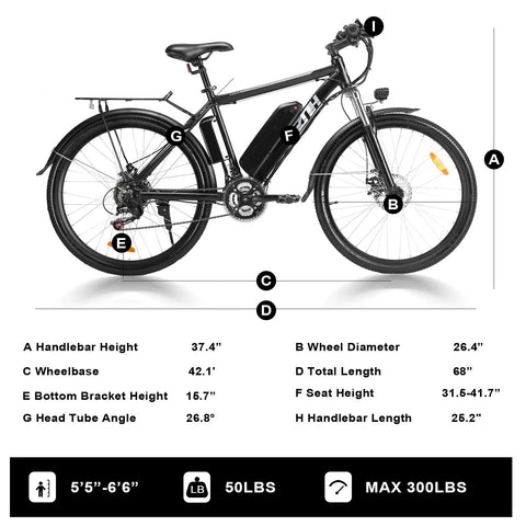 Diagram of Beast 1000W Peak Electric Mountain Bike for Adults, showcasing dimensions and features like removable 48V 13Ah battery.