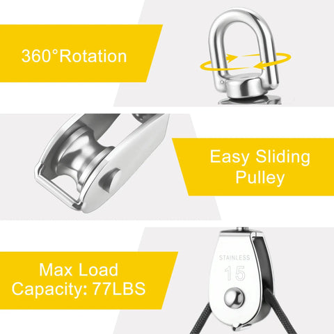 Heavy Duty Cable Pulley System For Lifting With 66 Foot Nylon Rope, 360 Degree Swivel Stainless Steel Blocks, Pro Grade And Maintenance Free, Corrosion Resistant, Ideal For Towing, Suspension, And Rigging Tasks. 360° swivel stainless pulley, 77 lbs load