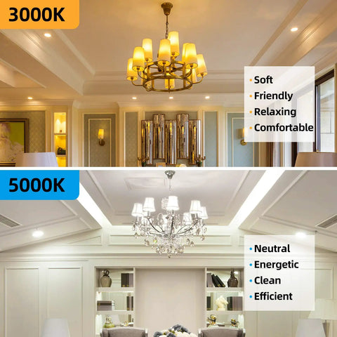 Comparison of warm 3000K and cool 5000K lighting in living rooms with Vintage Style LED Edison Bulbs 12 Pack 7W 60W Equivalent 850 Lumens.