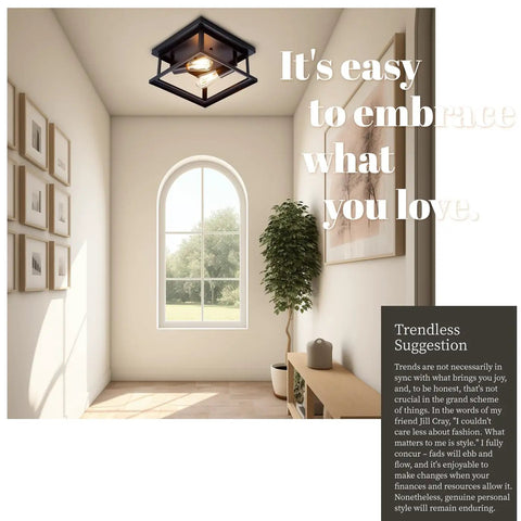 Black Two Light Farmhouse Flush Mount Ceiling Light Fixture in bright hallway, rustic industrial vibe, matte black finish