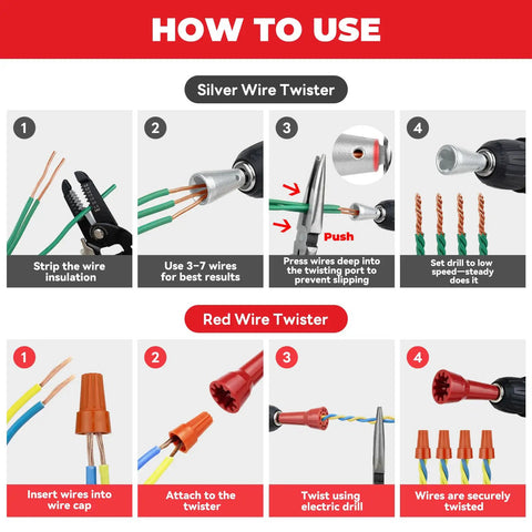 Instructional guide for using 6 Piece Wire Twister Drill Set With Bit Holder Keychains And Red Wire Nut Twister One Quarter Inch Hex Shank Works On 9 To 22 AWG Wires Jobsite Ready Pro Grade Electrician Tools For Quick Secure Wire Bundling And Bit Organization