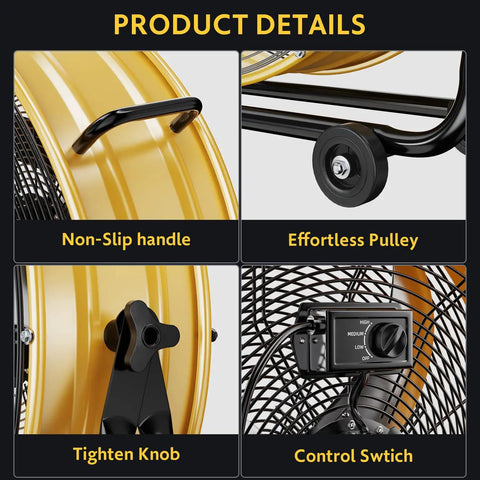 Close-up of Heavy Duty 24 Inch Metal Drum Fan With 3 Speeds, showing non-slip handle, pulley, tighten knob, and control switch.