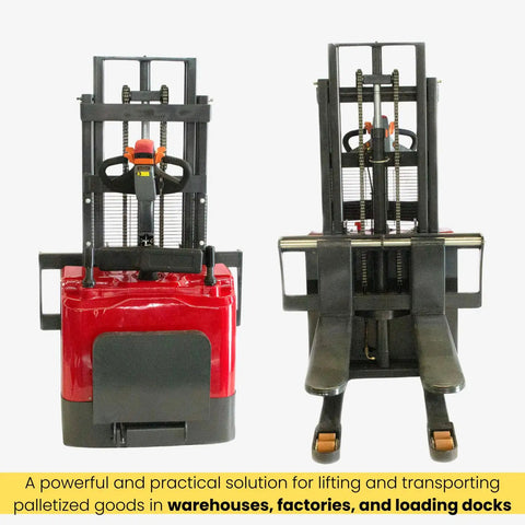 Heavy Duty Full Electric Pallet Stacker With 3300 Lb Capacity And 78 Inch Lift Height, front view showcasing its compact design.