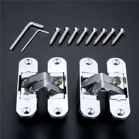 Two Piece Heavy Duty Zinc Alloy Hidden Hinges For Furniture 23 By 95 Millimeter with screws and hex keys on a black background.
