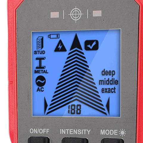 FTVOGUE Wall Stud Finder with Metal Wood AC Wire Detection, Handheld showing digital display with detection indicators and battery status.