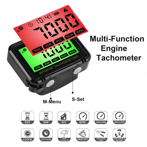 Digital Tachometer With RPM Alarm And Hour Meter for snowmobiles, motorbikes, go karts, lawn mowers, wireless sensing.