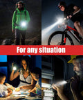 Led Flashlight 4 Pack With 2000 Lumens used in camping, biking, reading, and repair scenarios, showcasing versatility.