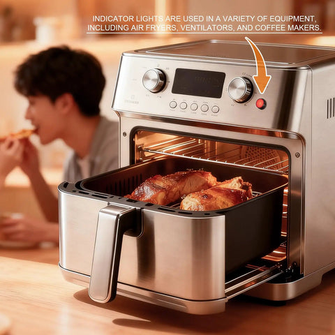 Modern countertop oven with meat inside, featuring indicator lights like those seen in 8mm Metal Indicator Light Pack Of 5 110V 120V.