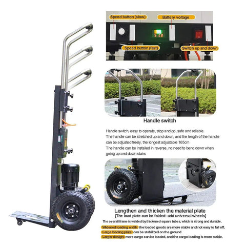 Heavy Duty Electric Stair Climbing Hand Truck With Brushless Motor And Stepless Speed Control For Moving Furniture Up Or Down Stairs Effortlessly Featuring high capacity battery display and adjustable handle switch for easy use.