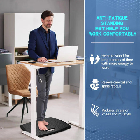 Anti Fatigue Standing Mat With Massage Points For Kitchen And Office, Portable Floor Rug With Built In Handle, 17 By 22 Inches, Black in use at desk