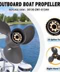Aluminum Outboard Boat Propeller 13 3/4 Inch Diameter 13 Inch Pitch 3 Blade 15 Spline Right Hand Rotation OEM 58130 ZW1 013AH
