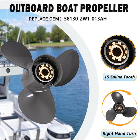 Aluminum Outboard Boat Propeller 13 3/4 Inch Diameter 13 Inch Pitch 3 Blade 15 Spline Right Hand Rotation OEM 58130 ZW1 013AH