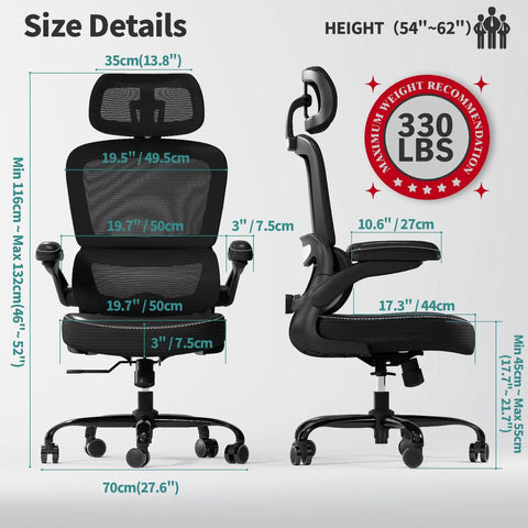 Ergonomic Office Chair With Adjustable Headrest And Lumbar Support, Breathable Mesh Back, Black, size dimensions with 330 lb capacity