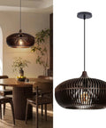 Arturesthome 1-Light Wooden Pendant Light Ceiling Hanging Light for Kitchen in espresso finish above dining table.